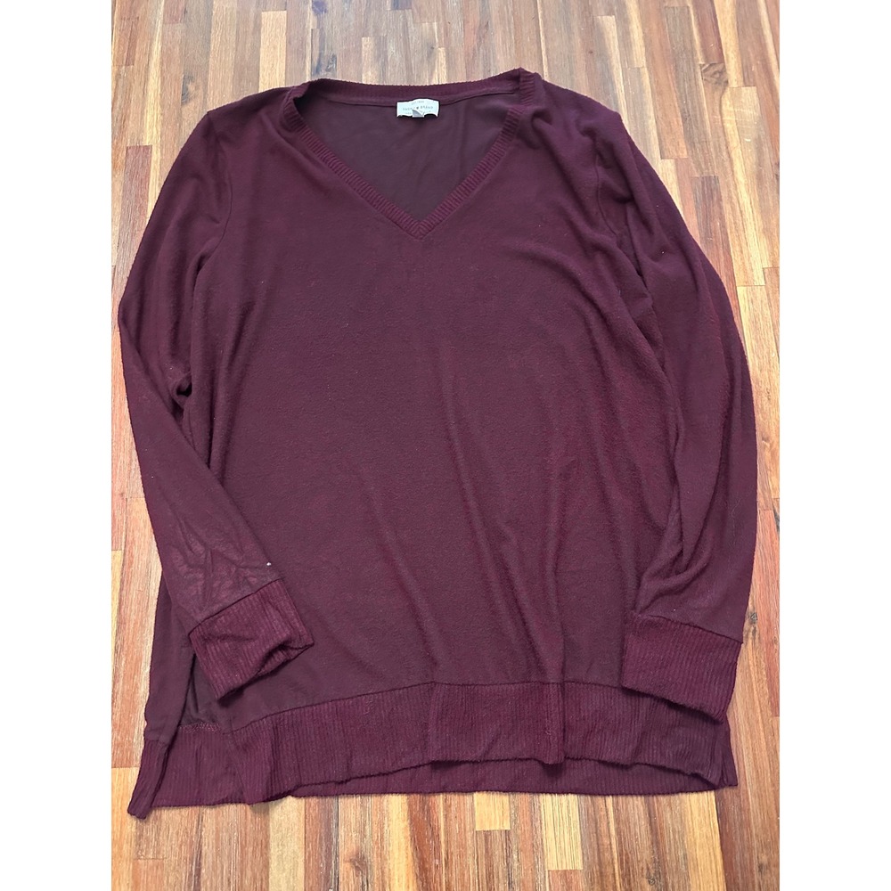Lucky Brand Tunic Top Women XL Burgundy Excellent V-Neck Long Sleeve Ribbed Knit